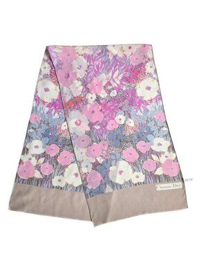 Vintage Christian Dior Silk Scarf Rectangle Oblong France Floral Lavender Pink